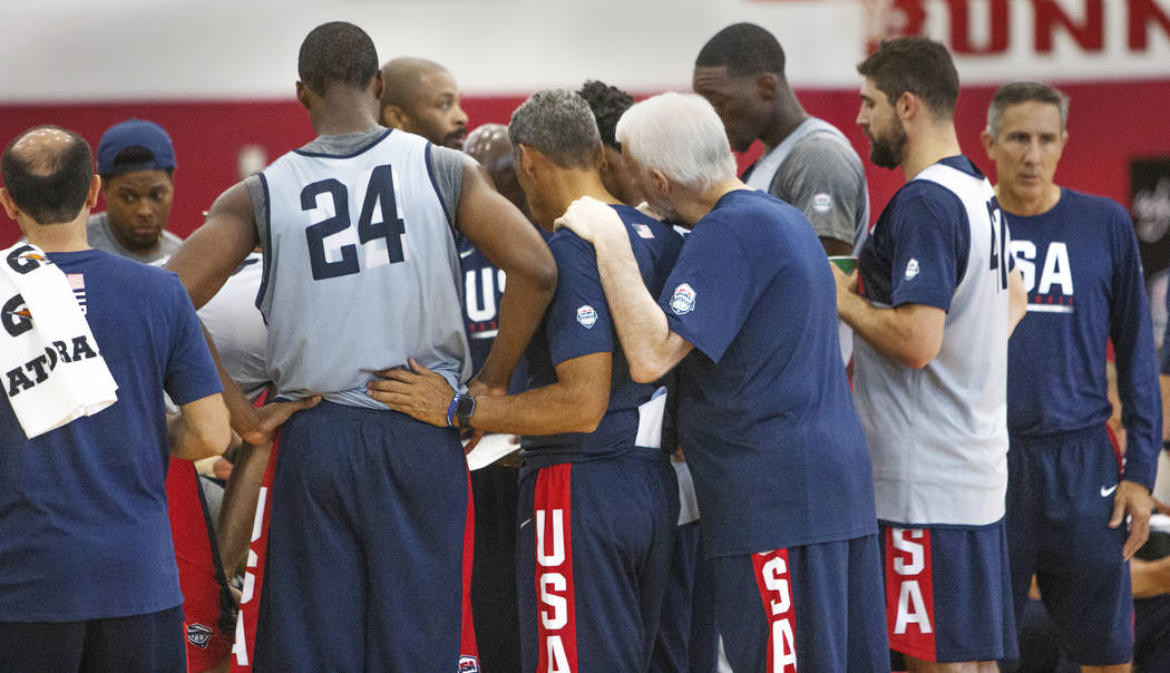 USA basketball players huddle while on a timeout during the USA basketball scrimmage game at UN ...