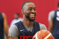 Boston Celtics guard Kemba Walker shoots free throws at practice for the USA Basketball nationa ...
