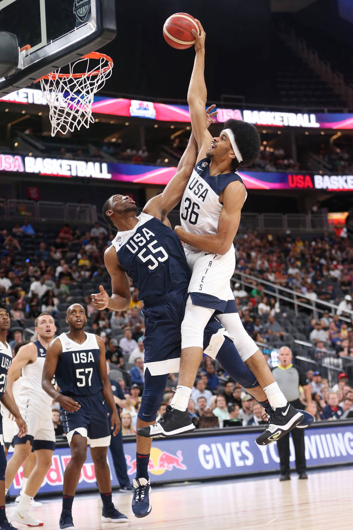 USA Men's National Team White forward Jarrett Allen (36) goes up for a dunk against USA Men's N ...