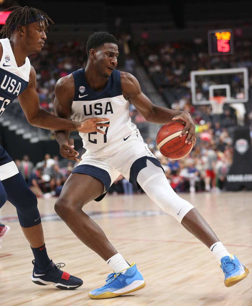 USA Men's National Team White forward Jaren Jackson Jr. (27) looks for an open play against USA ...