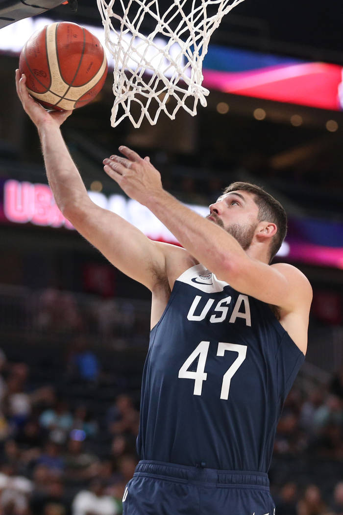 USA Men's National Team Blue guard Joe Harris (47) goes up for a shot against USA Men's Nationa ...