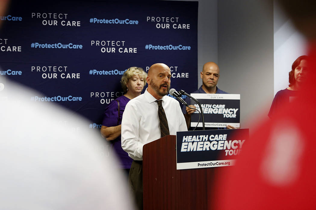 Cancer survivor and health care advocate Joe Merlino shares his story during the Protect Our Ca ...