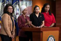 FILE - In this July 15, 2019, file photo, from left, Rep. Rashida Tlaib, D-Mich., Rep. Ilhan Om ...