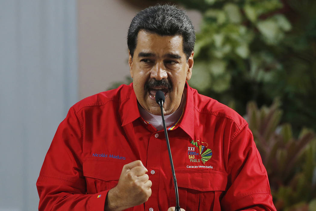 Venezuela's President Nicolas Maduro speaks during the closing ceremony of the Sao Paulo Forum ...