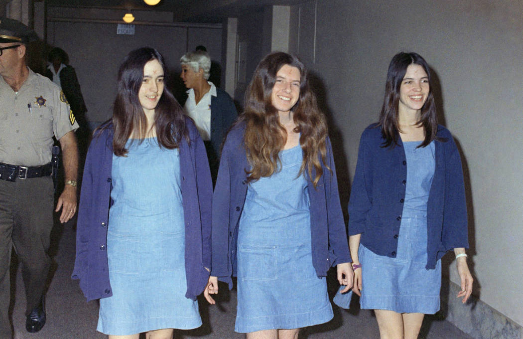 In an Aug. 20, 1970, file photo, Charles Manson followers, from left, Susan Atkins, Patricia Kr ...