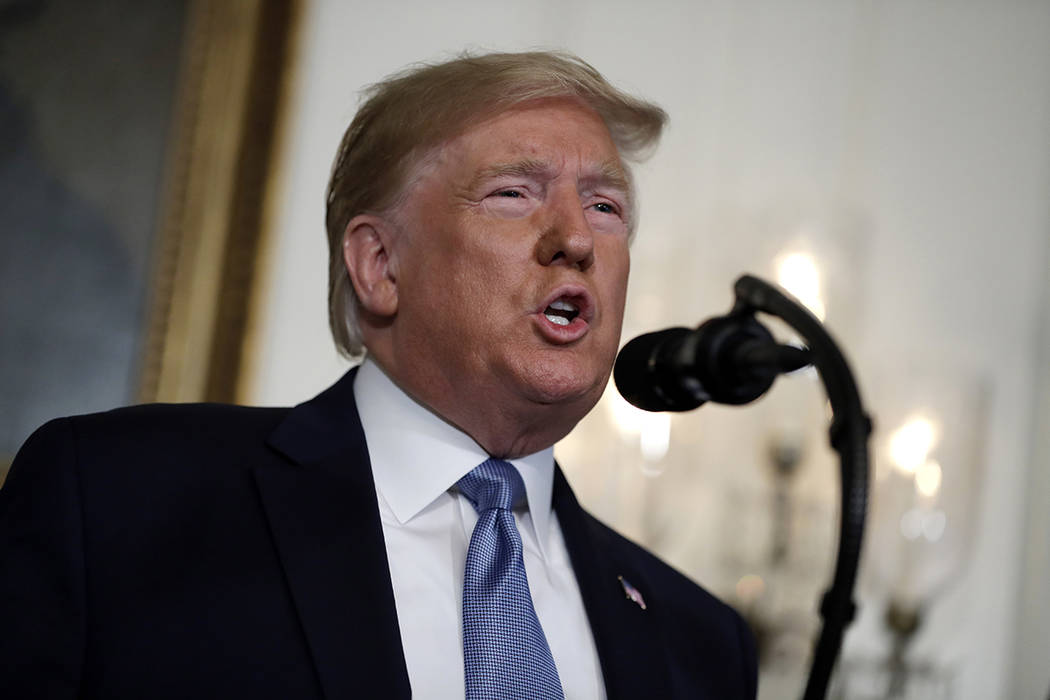 In this Aug. 5, 2019, photo, President Donald Trump speaks about the mass shootings in El Paso, ...