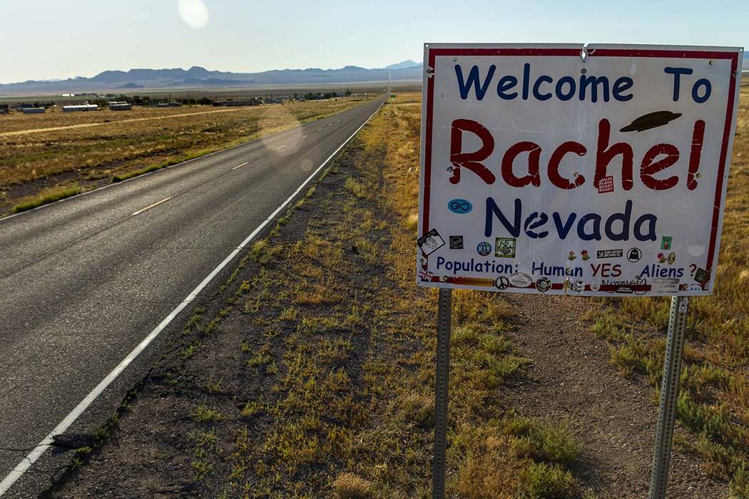 A sign welcomes visitors as they enter the town of Rachel,which is to be a gathering site for t ...