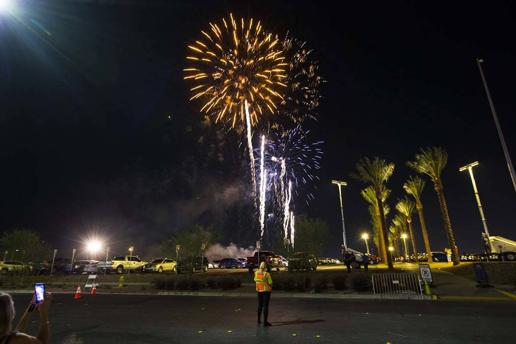 Fireworks go off above the Las Vegas Ballpark after the Las Vegas Aviators defeated the Reno Ac ...