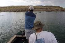 Jed Topham (Henderson) winds up for a cast into a striper boil at Lake Mead. The boil can be se ...