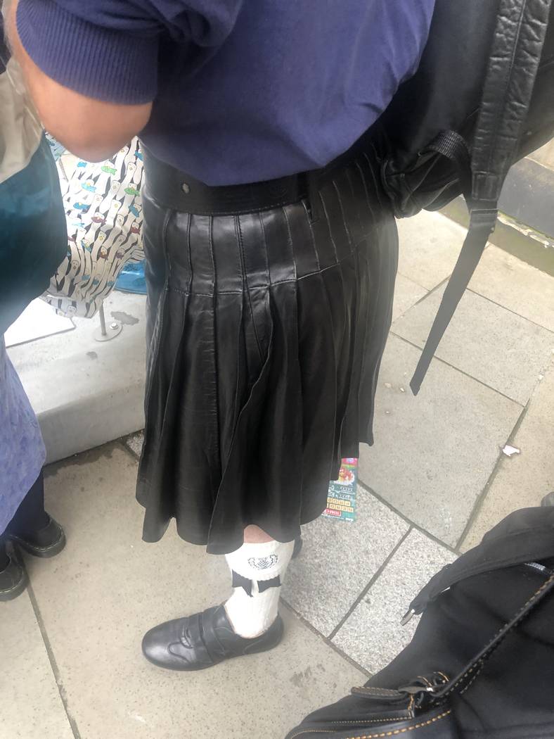 Leather-kilt action while on line at Edinburgh Festival Fringe on Aug. 6, 2019. (John Katsilome ...