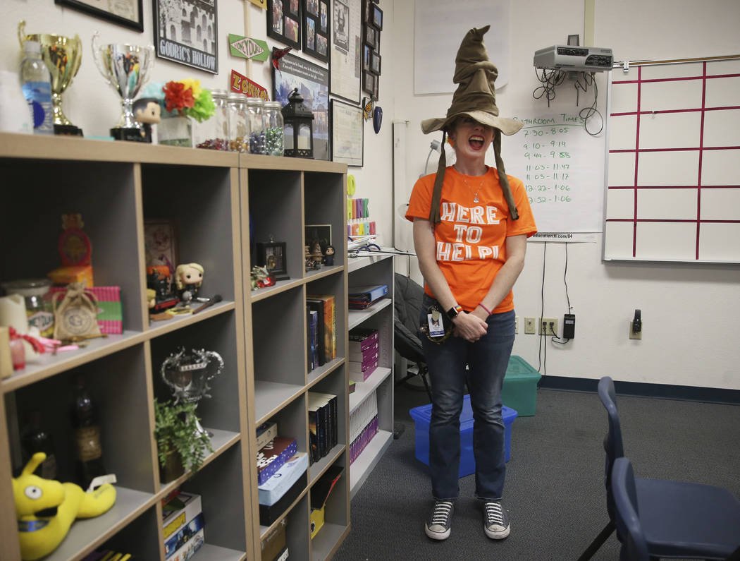 Eighth-grade math teacher Alexandra Kenney gives a tour of her Harry Potter-themed classroom at ...