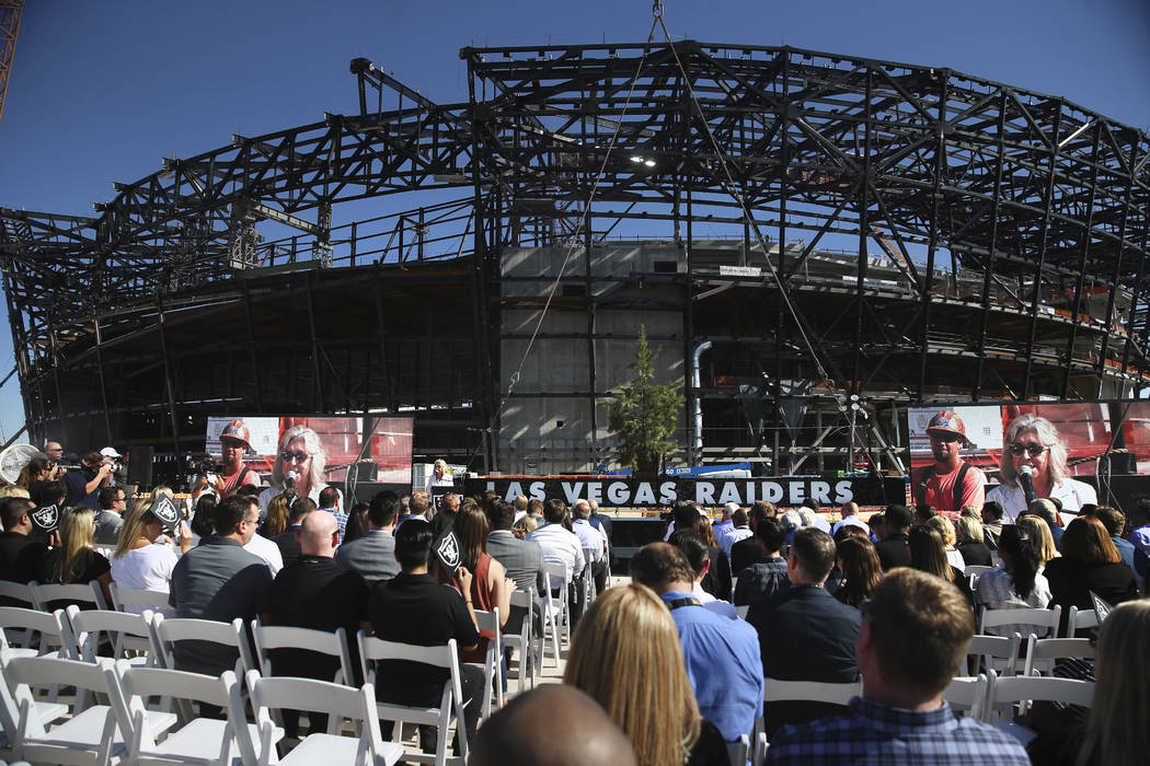 U.S. Rep. Dina Titus, D-Nev., speaks during the Las Vegas Stadium Topping Out Ceremony in Las V ...