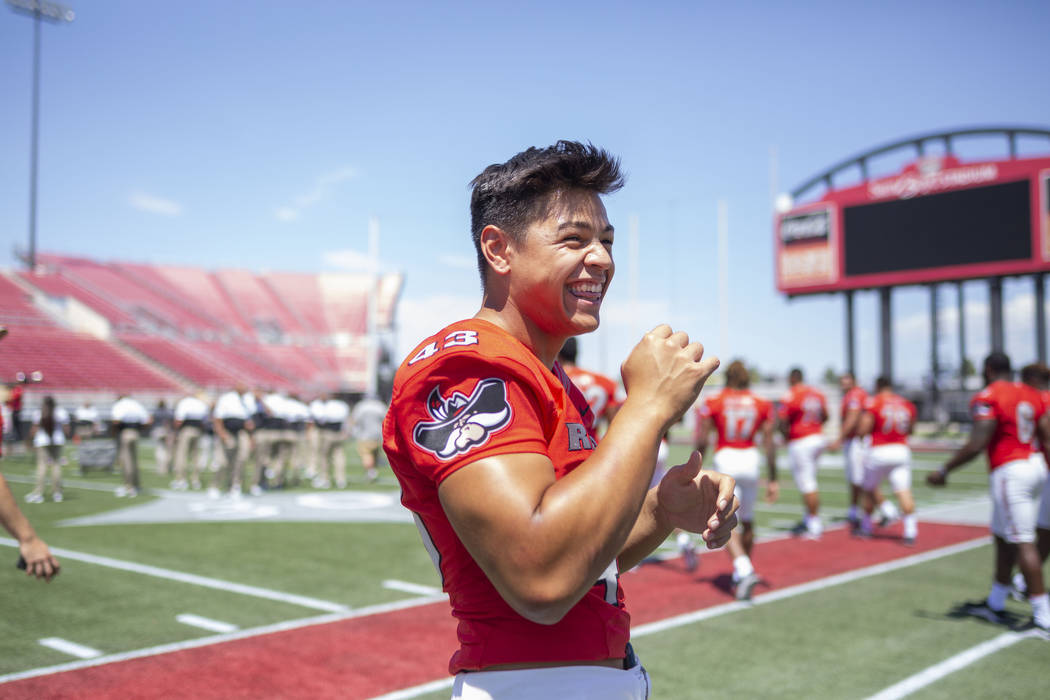 UNLV Rebels linebacker Malakai Salu (43) gets into place during the team's photo day at Sam Boy ...