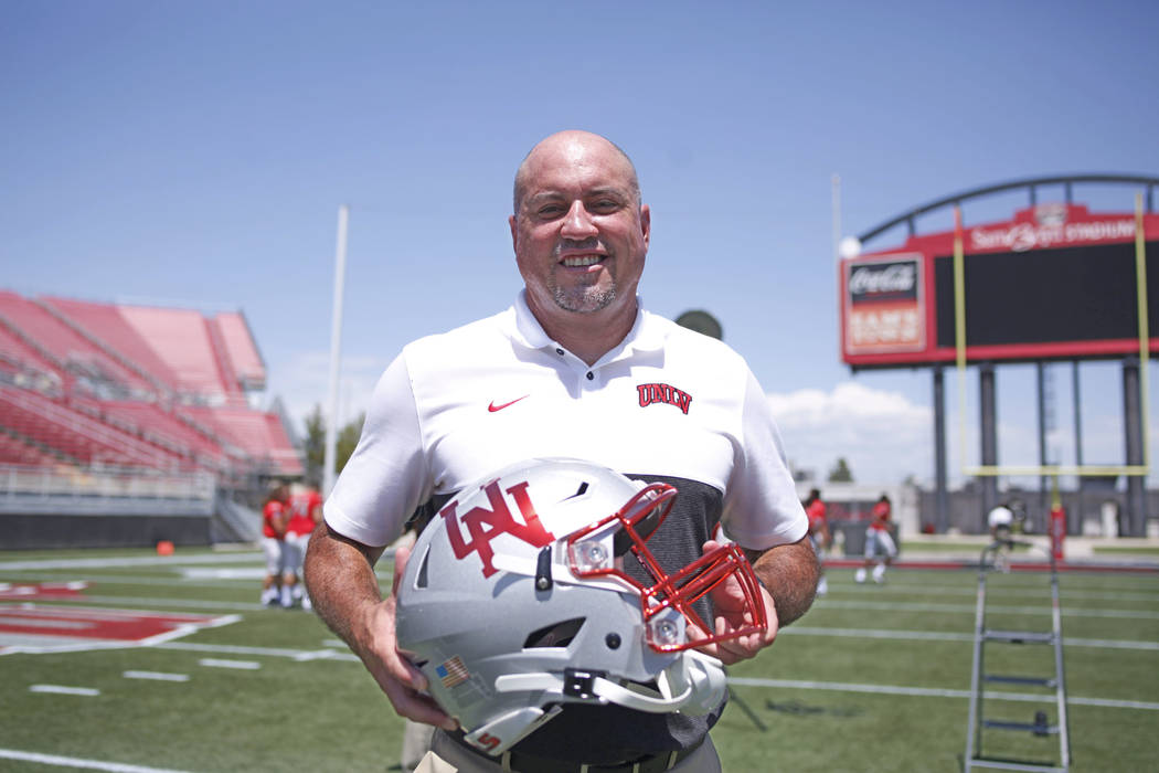 UNLV Rebels head coach Tony Sanchez poses for a photo during the team's photo day at Sam Boyd S ...