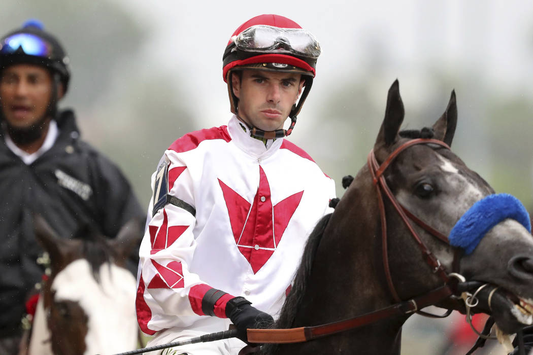 Jockey Florent Geroux is seen aboard Roadster before the Kentucky Derby at Churchill Downs, Sat ...