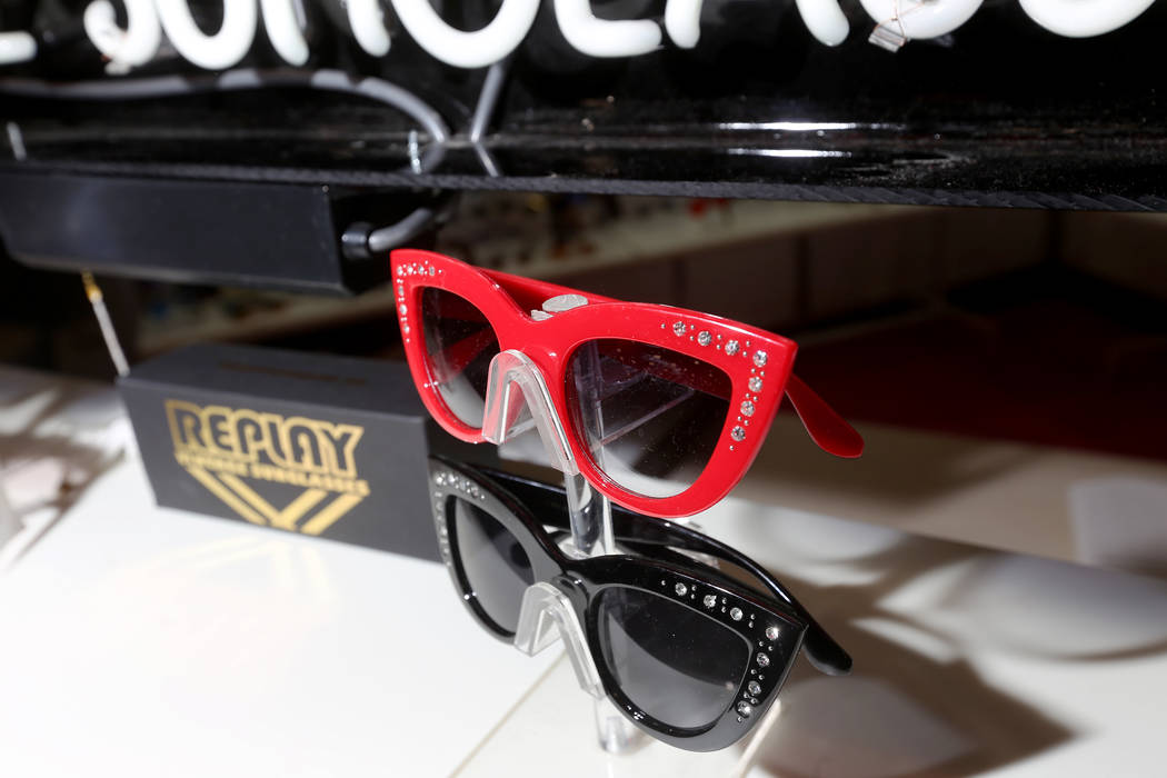 Vintage sunglasses at the Replay booth at the MAGIC fashion trade show at the Mandalay Bay Conv ...
