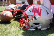 A unique helmet to be worn the opening game of the season is photographed during the UNLV footb ...