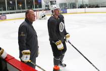 Vegas Golden Knights head coach Gerard Gallant, left, and forward Jack Dugan during the team's ...
