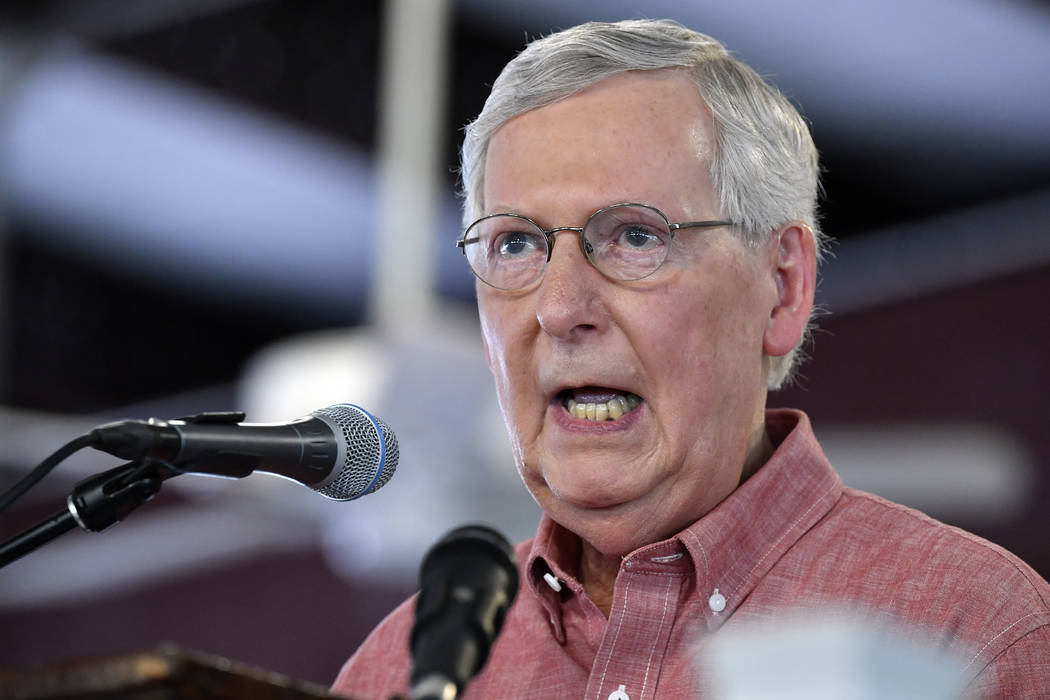 FILE - In this Aug. 3, 2019 file photo, Senate Majority Leader Mitch McConnell, R-Ky., addresse ...