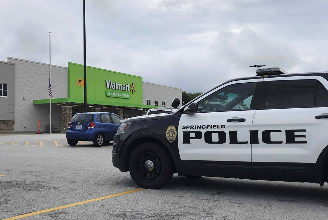 Springfield police respond to a Walmart in Springfield, Mo., Thursday afternoon, Aug. 8, 2019, ...