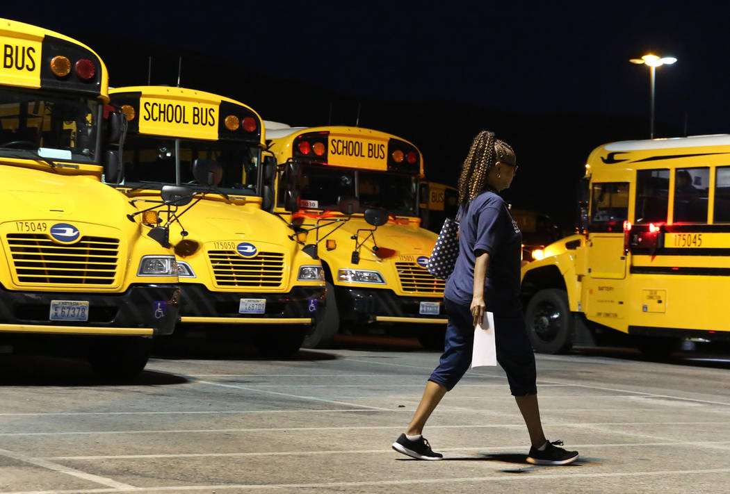 Clark County School District bus driver Sheila Diggins arrives at the Wallace Transportation Ya ...