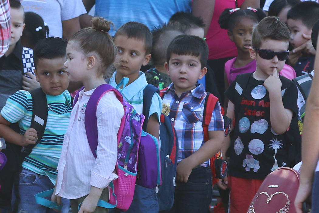 Kindergartners at Roberta Cartwright Elementary School lined up to enter their classroom during ...