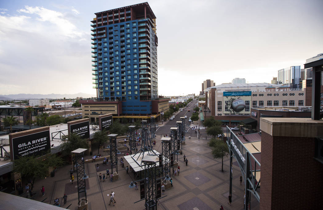 A view looking out from Chase Field as fans arrive before the start of an Arizona Diamondbacks ...