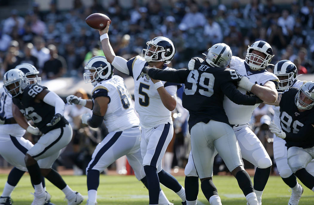 Los Angeles Rams' Blake Bortles throws a pass against the Oakland Raiders during the first half ...