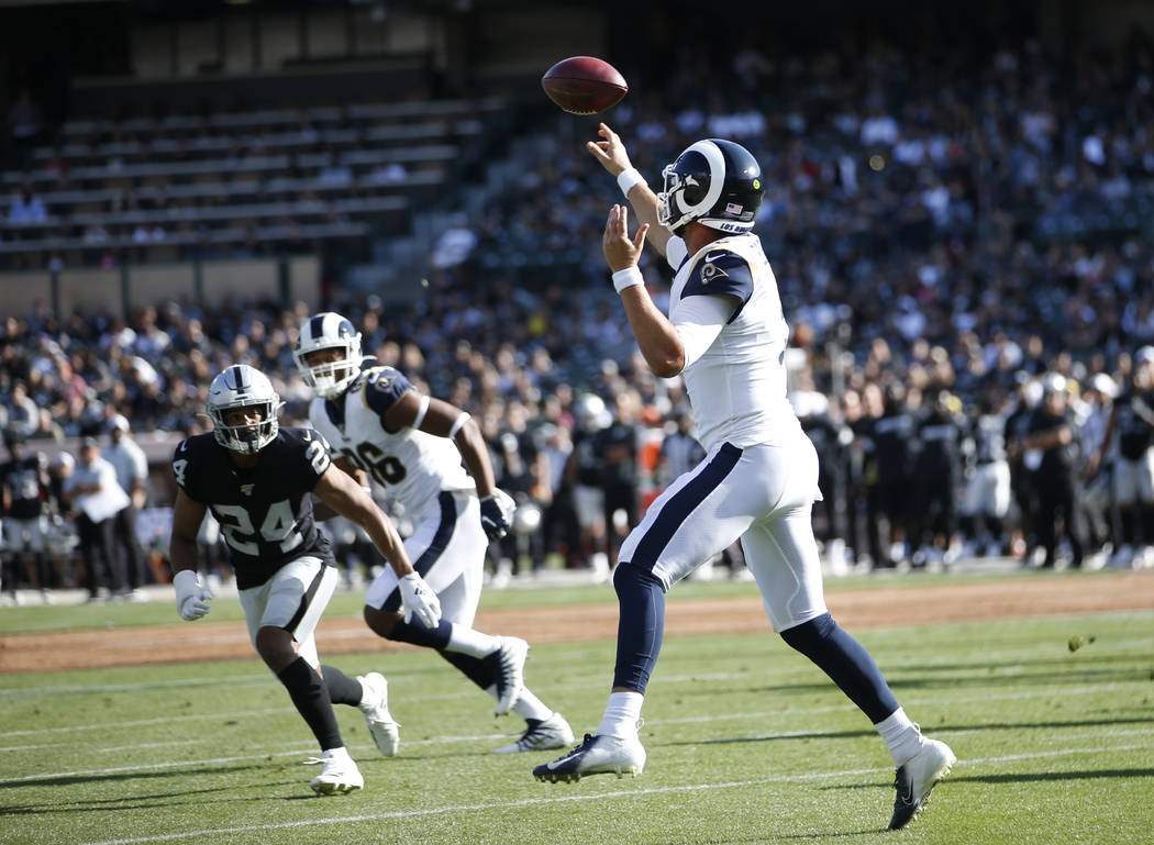 Los Angeles Rams' Blake Bortles passes against the Oakland Raiders during the first half of a p ...