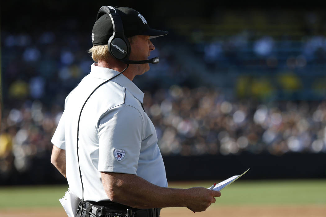 Oakland Raiders coach Jon Gruden during the first half of a preseason NFL football game against ...