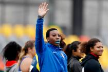 Gwendolyn Berry of United States waves prior to in the women's hammer throw final during t ...