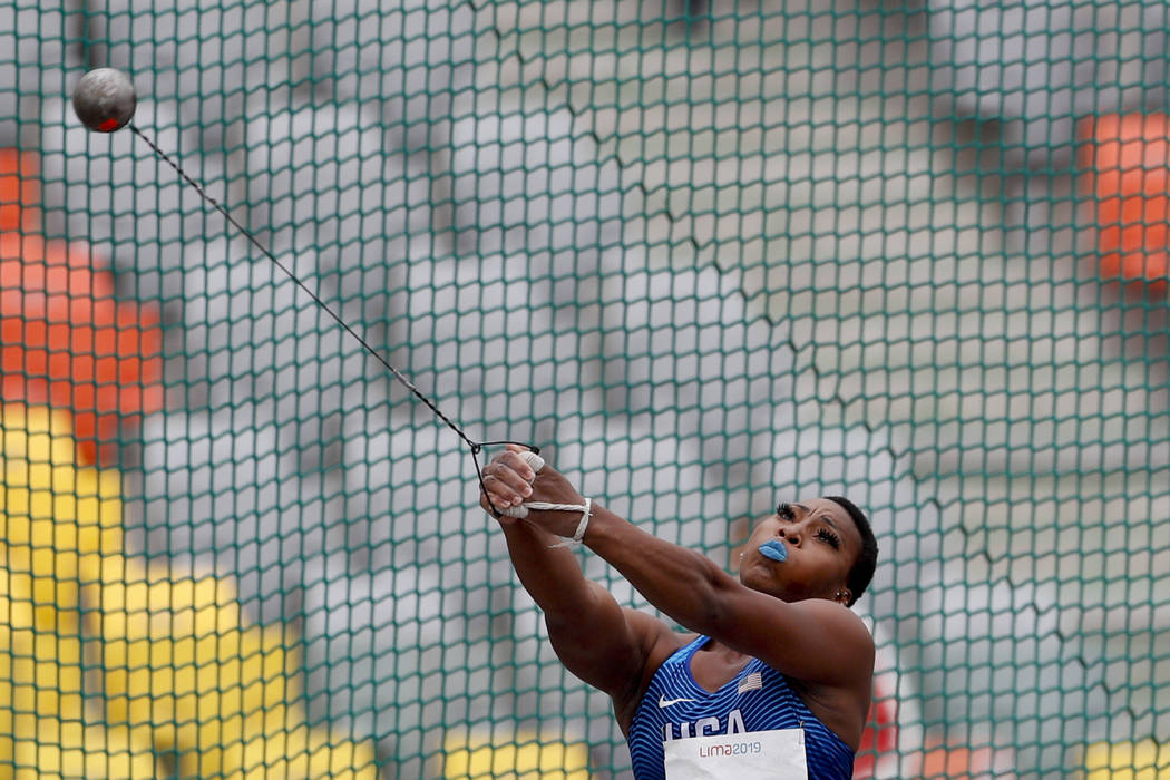 Gwendolyn Berry of United States competes in the women's hammer throw final during the ath ...