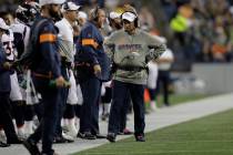 Denver Broncos head coach Vic Fangio stands on the sideline during the second half of an NFL fo ...