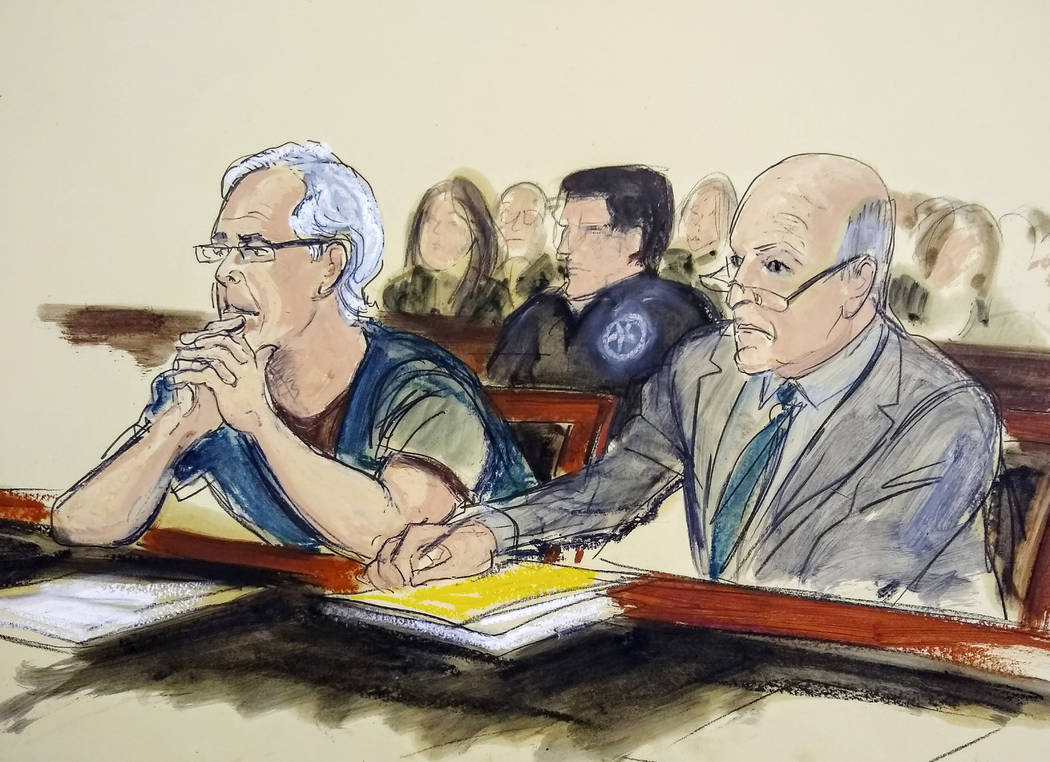 FILE - In this July 15, 2019 courtroom artist's sketch, defendant Jeffrey Epstein, left, and hi ...