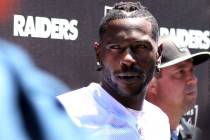 Oakland Raiders wide receiver Antonio Brown (84) answers questions during a press conference af ...