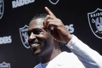 Oakland Raiders wide receiver Antonio Brown speaks to reporters after an official team activity ...