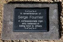 A plaque dedicated to 74-year-old Serge Fournier, the Las Vegas man who died after being pushed ...