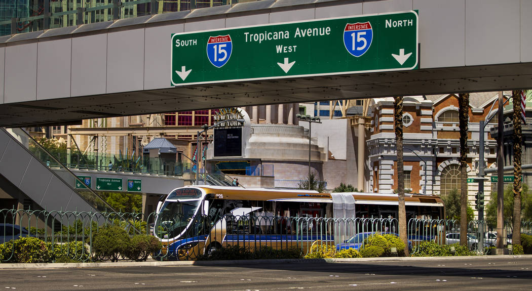 An RTC bus passes the Excalibur driving down the Strip on Tuesday, Aug. 13, 2019 in Las Vegas. ...