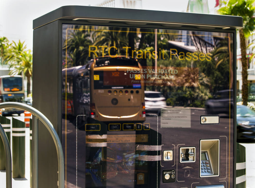 An RTC bus is reflected in a transit pass machine on the Strip on Tuesday, Aug. 13, 2019 in Las ...