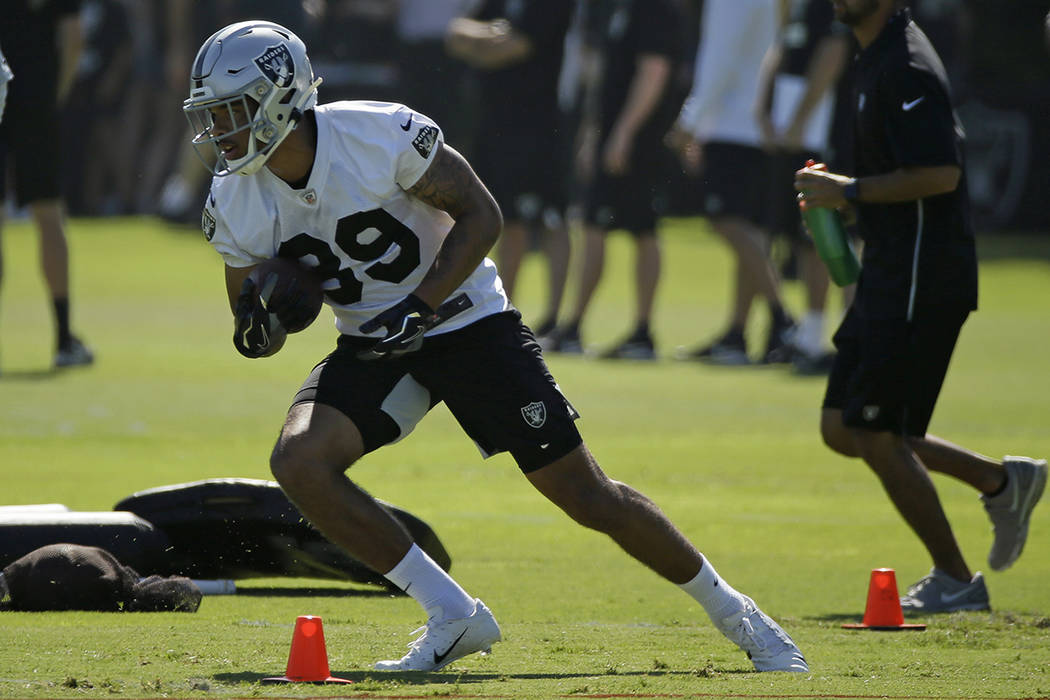 Oakland Raiders wide receiver Keelan Doss during NFL football training camp Saturday, July 27, ...