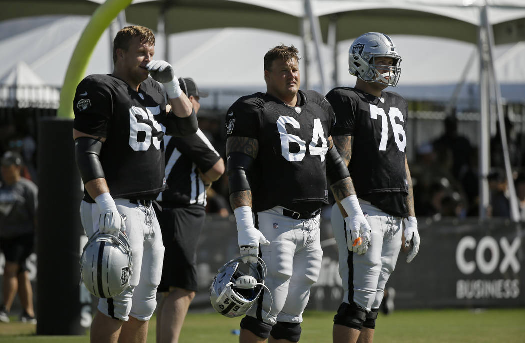Oakland Raiders offensive guard Jordan Devey (65), center Richie Incognito (64), and offensive ...