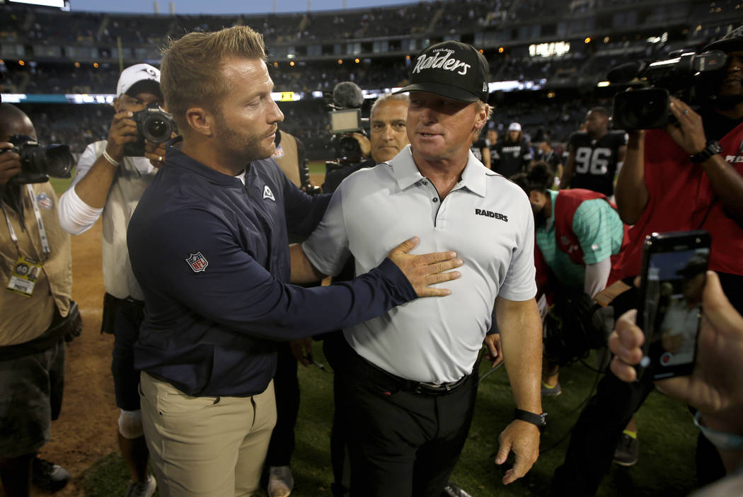 Los Angeles Rams coach Sean McVay, left, congratulates Oakland Raiders coach Jon Gruden after a ...