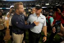 Los Angeles Rams coach Sean McVay, left, congratulates Oakland Raiders coach Jon Gruden after a ...