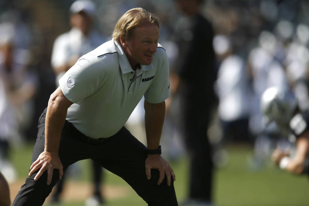 Oakland Raiders coach Jon Gruden prior to an NFL football game against the Los Angeles Rams Sat ...