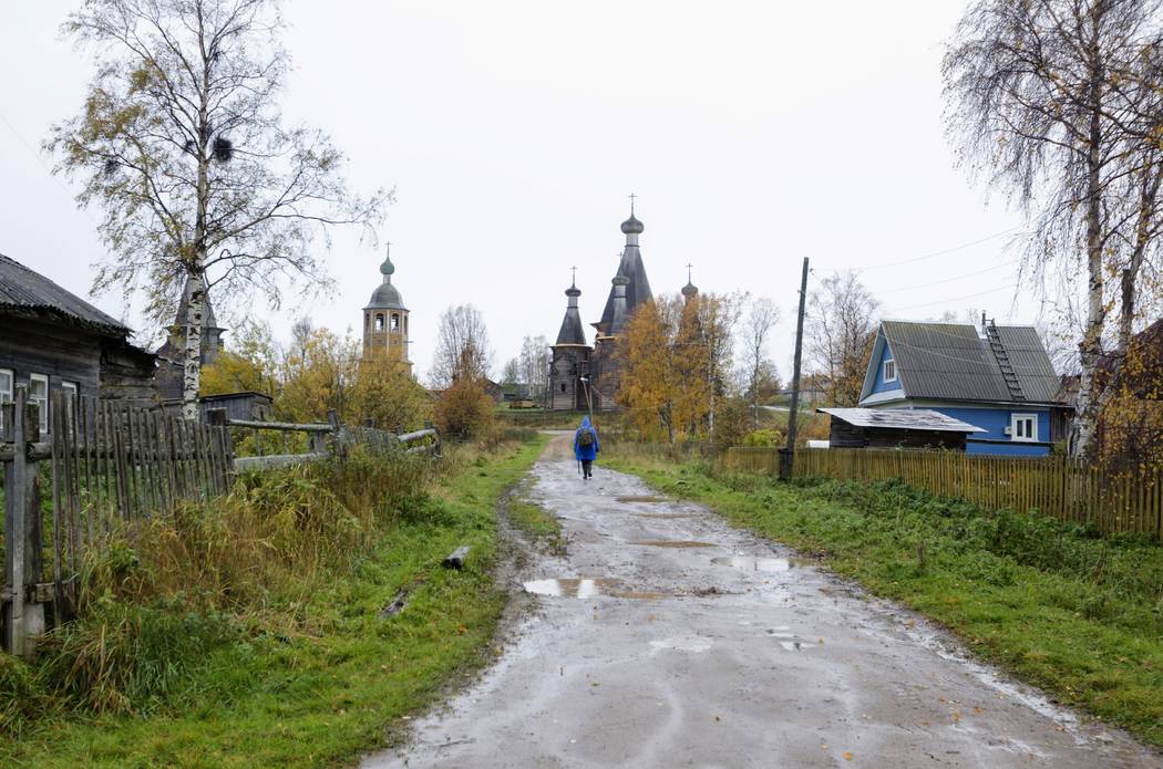 In this photo taken Oct. 7, 2018, a person walks down a street in the village of Nyonoksa, nort ...