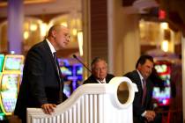 Wynn Resorts CEO Matt Maddox, from left, and Bob DeSalvio, president of Encore Boston Harbor, a ...