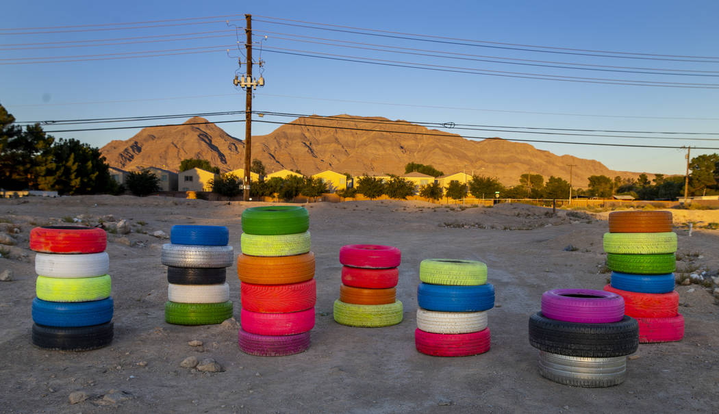 Seven Magic Tires art installation created by Ramiro Gomez and Justin Favela at 1000 N. Nellis ...