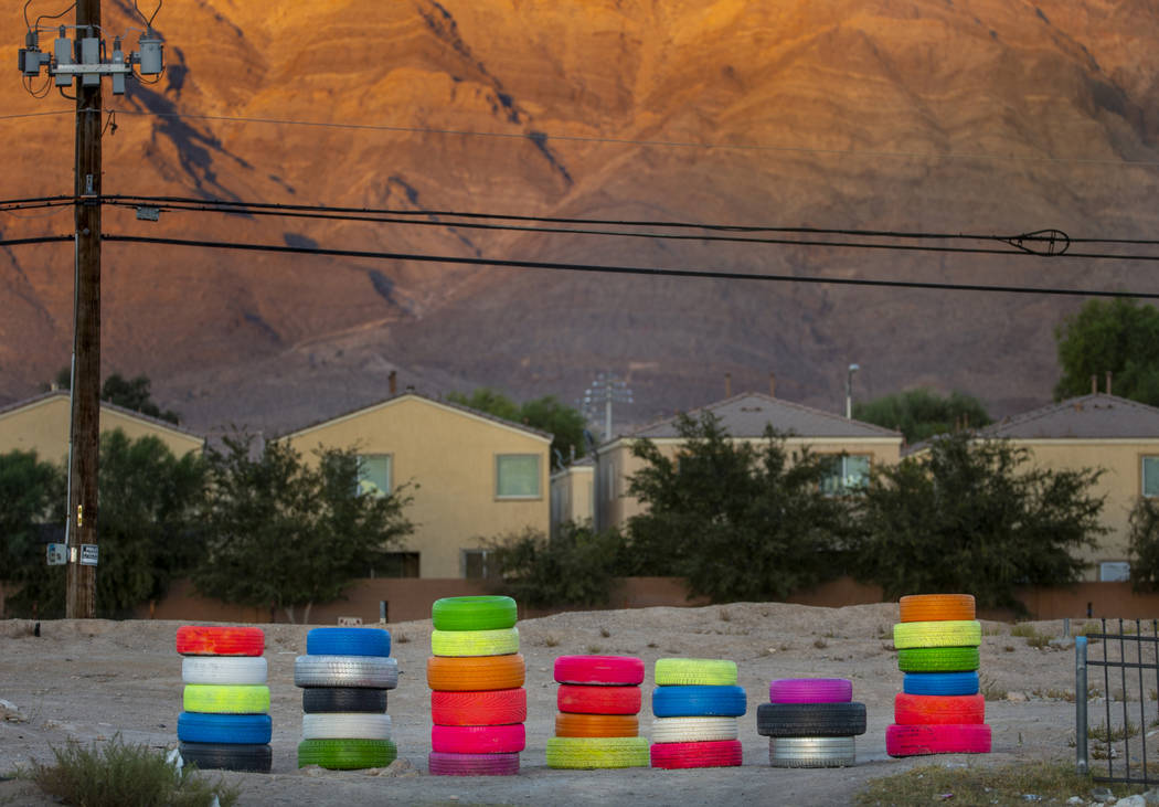 Seven Magic Tires art installation created by Ramiro Gomez and Justin Favela at 1000 N. Nellis ...