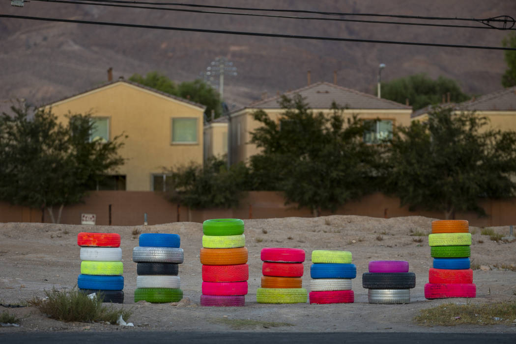 Seven Magic Tires art installation created by Ramiro Gomez and Justin Favela at 1000 N. Nellis ...