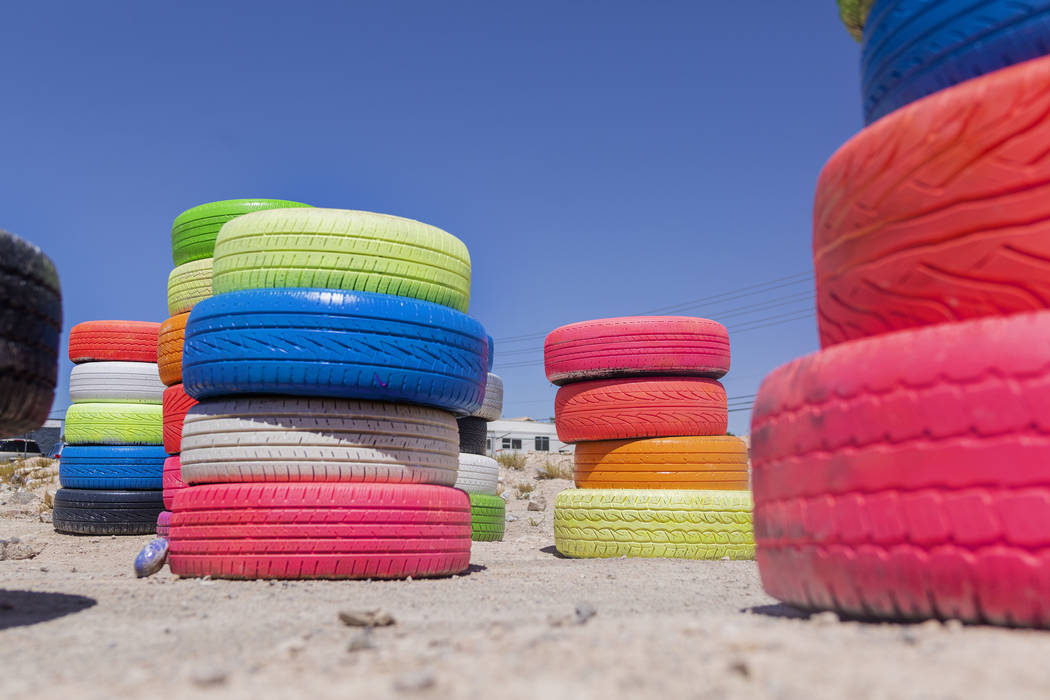 Seven Magic Tires art installation created by Ramiro Gomez and Justin Favela is seen in Las Veg ...